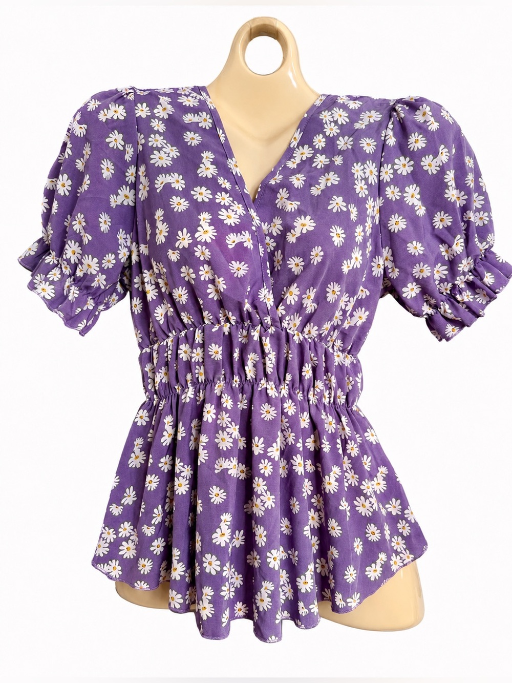 SHEIN Purple Daisy-Print Smocked Peplum Top